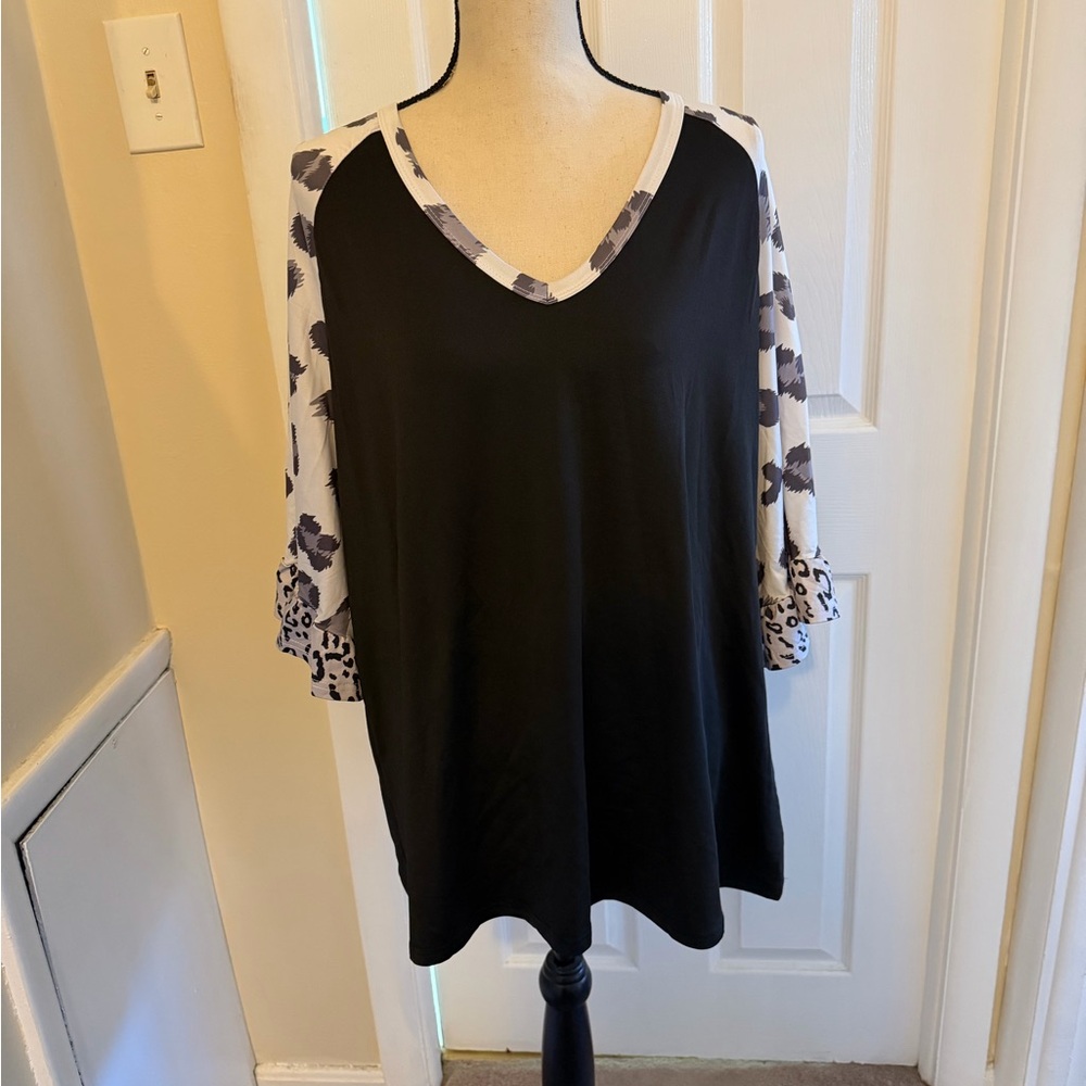 SHEIN Black Top with White Floral Sleeves